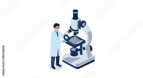 Scientist observing microscope in isometric laboratory setting