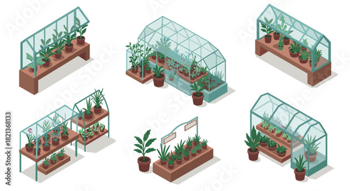 Isometric greenhouses collection with various potted plants and shelves