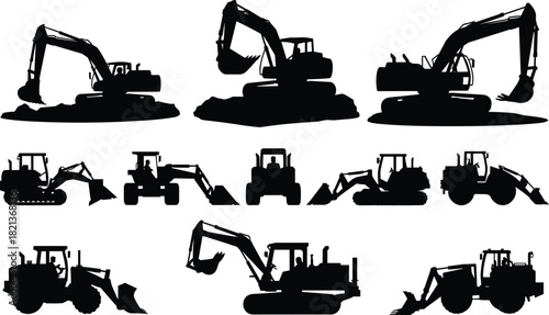 Silhouette construction excavators and heavy machinery equipment set, industrial diggers and loaders illustration collection for construction projects, engineering, building work