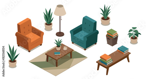 Cozy living room with isometric furniture, armchairs, and indoor plants