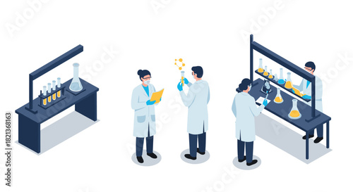 Isometric scientific laboratory scene with researchers and equipment
