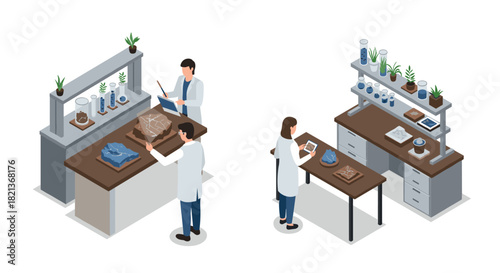 Isometric geology lab scene with scientists analyzing rock samples