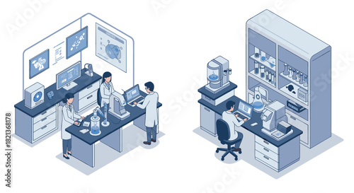 Isometric laboratory with scientists and modern equipment