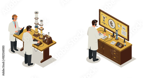 Scientists using vintage laboratory equipment in isometric style