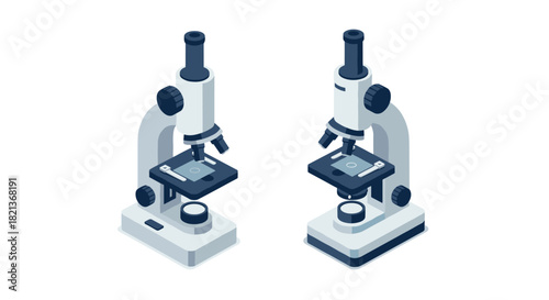 Isometric microscopes on white background for scientific research and education
