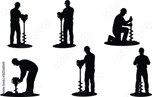Silhouette construction workers operating earth auger drilling equipment on job site, manual labor teamwork, industrial drilling process, soil excavation machinery illustration