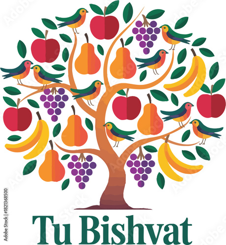 Stylized tree with fruits birds and text Tu Bishvat