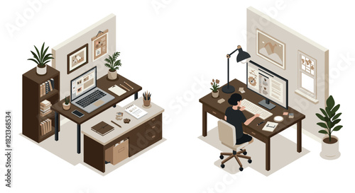 Cozy home office setup with a modern minimalist design in isometric view