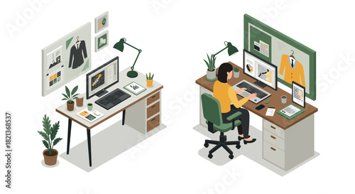 Remote fashion design workshop in modern isometric home office setup with dual desks