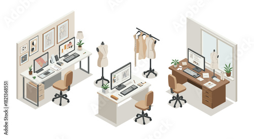 Modern fashion design workspace with computers and mannequins in isometric style