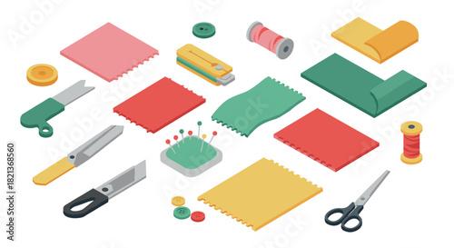 Isometric sewing tools collection with scissors, threads, and fabrics in bold colors