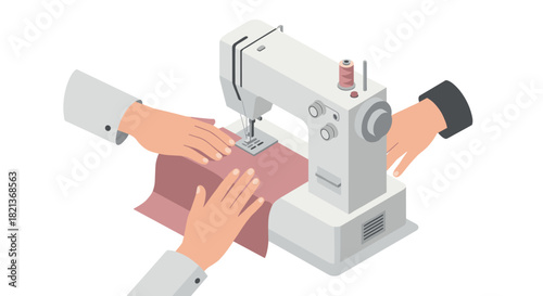 Sewing machine operation with hands using fabric in isometric style