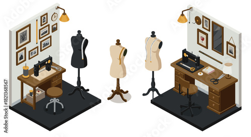 Isometric tailor studio with sewing tools and dress forms in vintage style