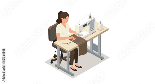 Woman sewing at machine in modern workshop