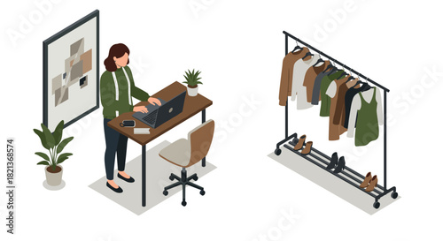 Isometric home office with fashion rack and person working on laptop