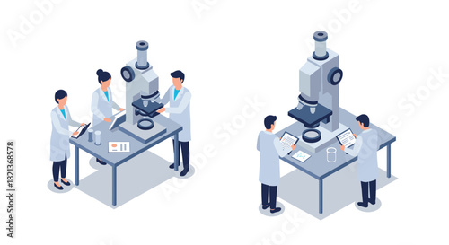 Scientists in laboratory, isometric style, examining specimens with advanced microscopes