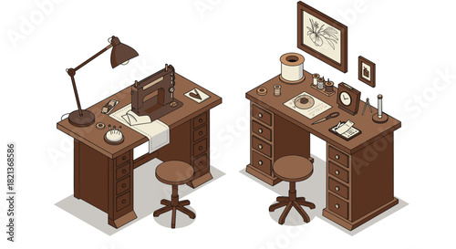 Isometric sewing workspace with vintage desk and craft supplies