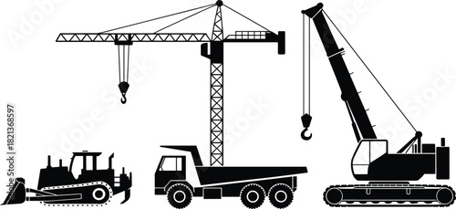 Silhouette illustration of construction machinery including tower crane, bulldozer, dump truck, and mobile crane used for heavy equipment industry projects and building operations