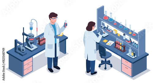 Modern laboratory setup with scientists conducting experiments in isometric style