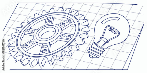 Innovative engineering blueprint design featuring gear and lightbulb, ideal for mechanical concepts and technological advancements, promoting creativity and ingenuity