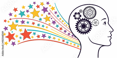 Unlock Your Potential with Creative Thinking and Imagination, Stars Align with Gears for Innovation, Visualize Success, Spark Ideas, Boost Your Creativity Now