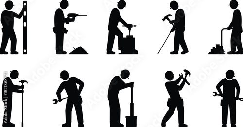 Silhouetted construction workers performing various tasks with tools and equipment, showcasing skilled labor, industrial teamwork, building craftsmanship, and construction industry activity