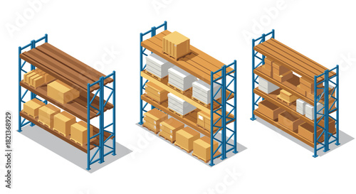 Isometric warehouse shelves filled with cardboard boxes and packages in storage