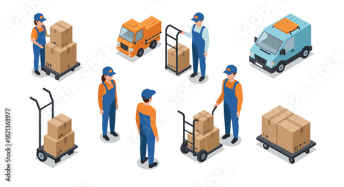 Isometric delivery workers and vehicles in logistics scene