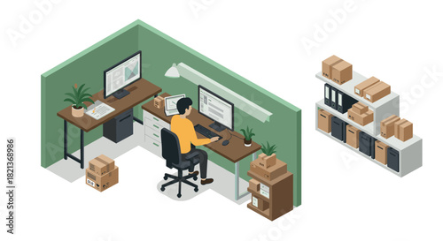 Modern office workspace with shelves and desk in isometric view