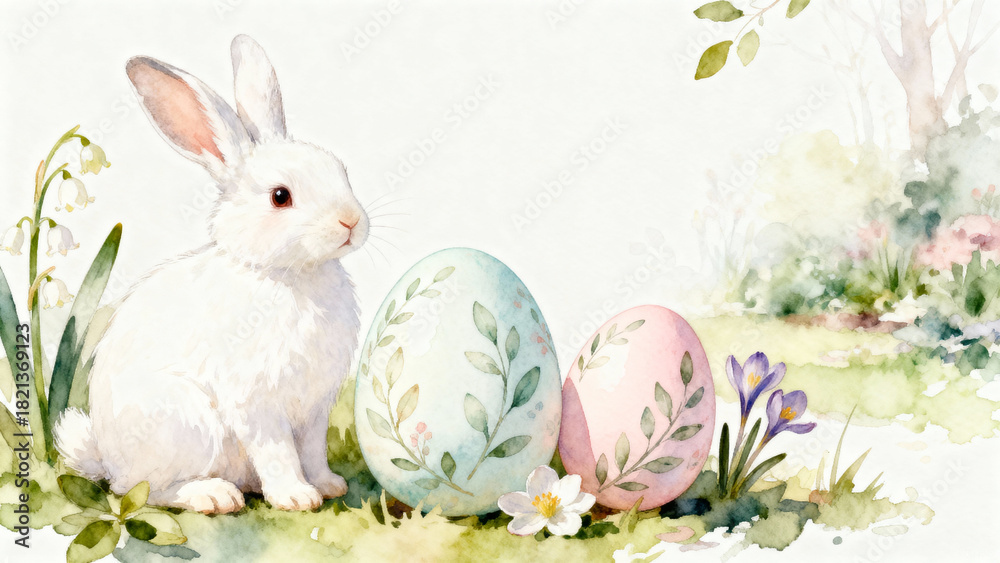Obraz premium Watercolor illustration for the Easter celebration featuring a bunny and decorated eggs in a serene spring setting