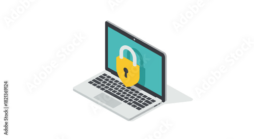 Isometric laptop with padlock symbolizing cybersecurity and data protection