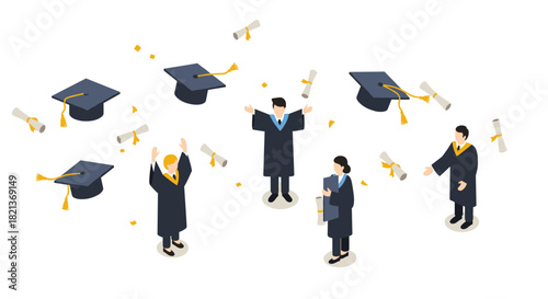 Isometric graduation celebration with students and caps in motion