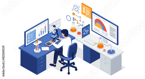 Scientist analyzing data in laboratory using dual monitors and microscope in isometric design