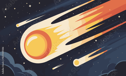 Flaming Comet or Meteoroid in Space: Asteroid Burning in Starry Cosmic Night Sky