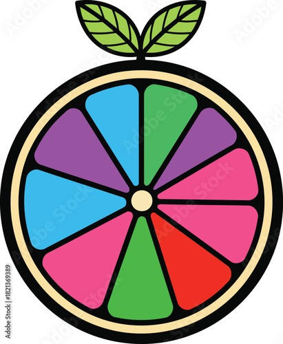 A colorful sliced fruit design promoting organic food nutrition with vibrant segments and fresh leaves