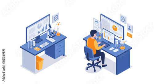 Isometric workspace with analyzing chemist in a modern lab setting