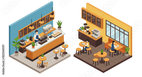 Cozy isometric cafe interior with barista and customers in modern design
