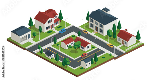 Isometric neighborhood with colorful houses and trees on a crossroad