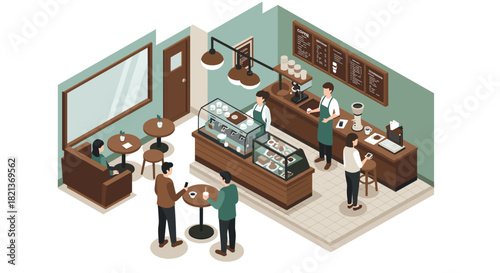 Cozy isometric cafe scene with customers and baristas in modern interior