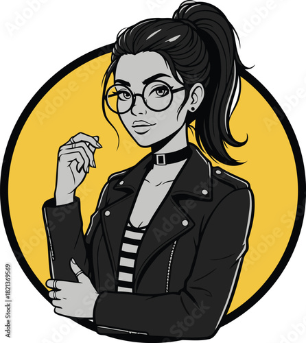 Confident young woman with glasses and cool style in a retro circle ready for anything