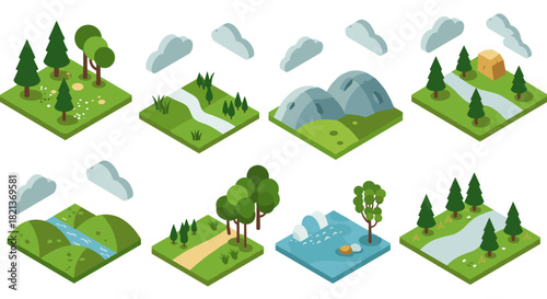 Isometric nature elements set with forests, rivers, and mountains for game design