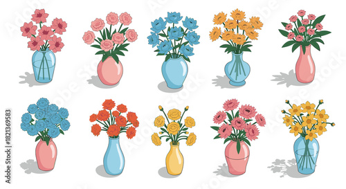 Colorful floral arrangements in vases: charming bouquet collection for decoration and design