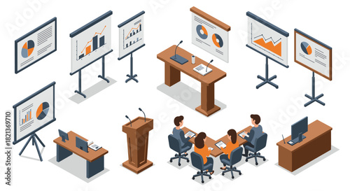 Isometric office presentation setup with charts and meeting room elements