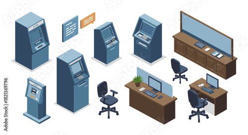 Modern bank office setup with atm machines and workstations in isometric design