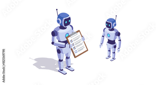 Isometric robots analyzing checklist for task management and workflow efficiency