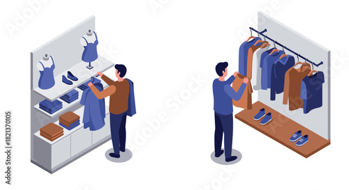 Isometric shopping scene with man browsing clothes and shoes in store