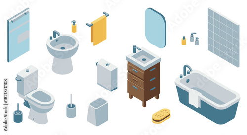Isometric bathroom design with fixtures and accessories