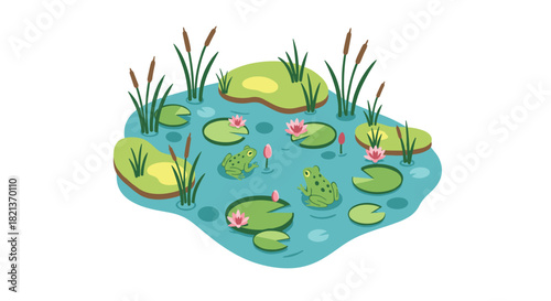Peaceful pond scene with frogs and lily pads in charming flat design
