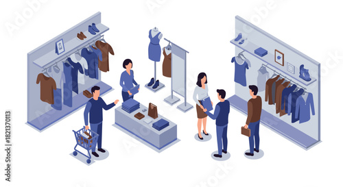 Isometric shopping scene with customers and sales staff in a modern clothing store