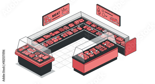 Isometric grocery meat counter with various cuts and packaging displayed